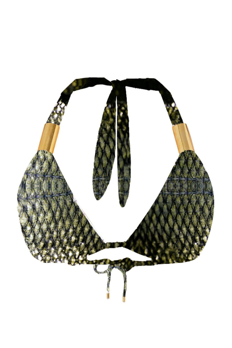 Metallic Halter Triangle Thong Bikini Set - Cider
